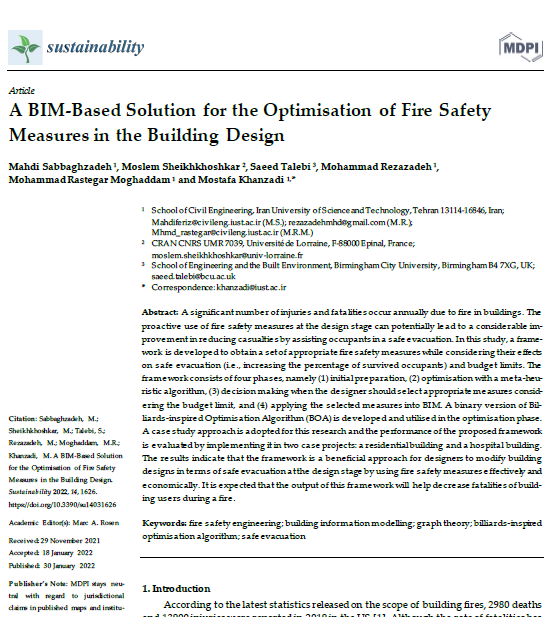 A BIM-Based Solution for the Optimisation of Fire Safety Measures in the Building Design, بنا یار مهراز ایرانیان ارائه دهنده خدمات مبتنی بر مدلسازی اطلاعات ساخت BIM  در ایران