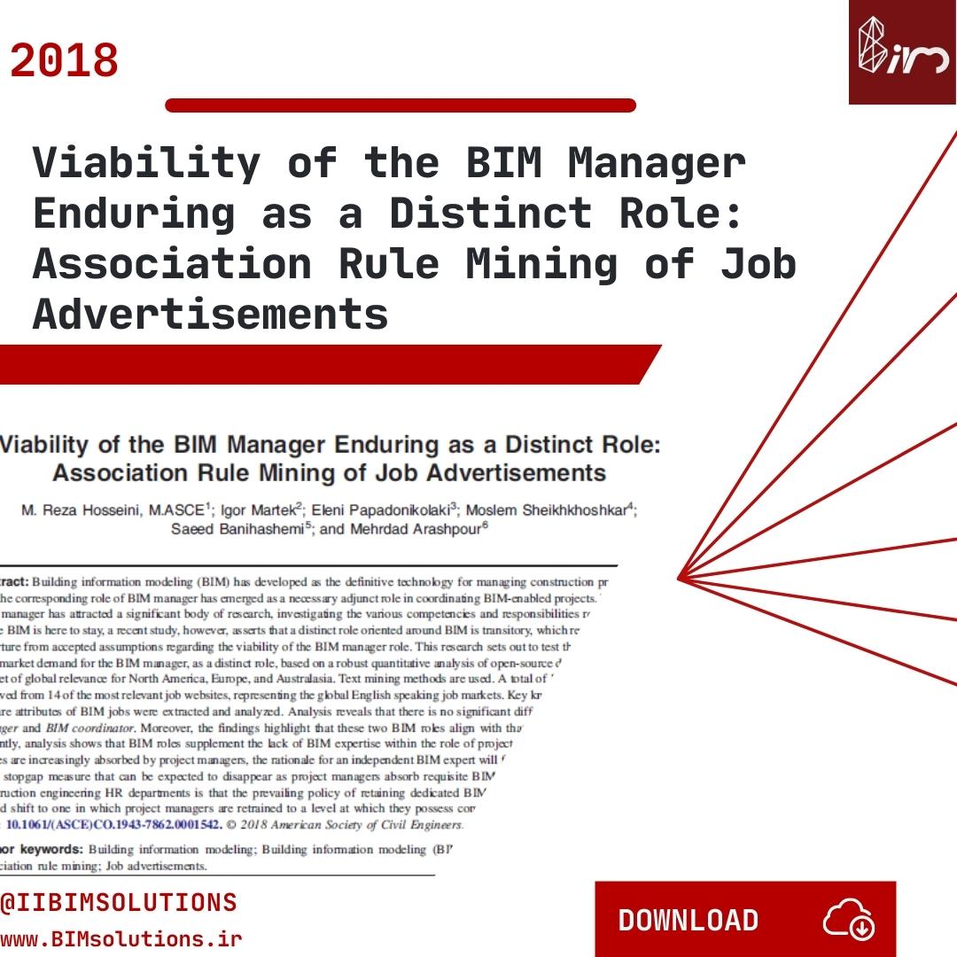 Viability of the BIM Manager Enduring as a Distinct Role Association Rule Mining of Job Advertisements مدیر BIM شخصیت های درگیر در بیم مدلسازی اطلاعات ساختمان ASCE 2018